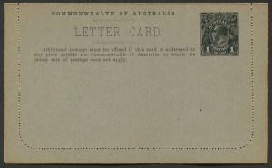 AUSTRALIA: Letter Cards: MILITARY VIEWS: 1914-18 (BW:LC25/M12A)1d KGV Sideface Design P12½ Die 1 in black on Grey to Greenish-Grey Card with Pink Interior, "Troops on Board" (close view) illustration, fine unused, Cat. $175.