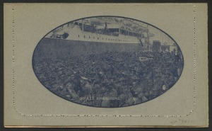 AUSTRALIA: Letter Cards: MILITARY VIEWS: 1914-18 (BW:LC25/M1A)1d KGV Sideface Design P12½ Die 1 in deep on Grey to Greenish-Grey Card with Pink Interior, "2nd A.I.F, Embarking" (Wharf) illustration, fine unused, Cat. $175.