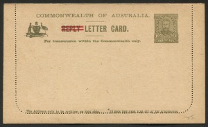 AUSTRALIA: Letter Cards: DIVIDED REPLY LETTERCARD: 1917 (BW:LC31/50) 1d Outward Half ('REPLY' barred out), P12½, in olive-brown, "Giant Red Gum, Vic" illustration, fine unused, Cat. $200.