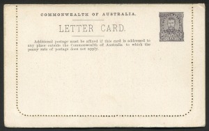 AUSTRALIA: Letter Cards: 1911-12 (BW:LC12/77) 1d KGV Full-Face Design P12½ in purple-brown on Thick White Enamelled Card, Off-White to Cream Interior, "Mosman Bay, Sydney" illustration, fine unused, Cat. $175.
