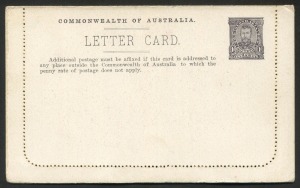 AUSTRALIA: Letter Cards: 1911-12 (BW:LC12/77) 1d KGV Full-Face Design P12½  in purple-brown on Thick White Enamelled Card, Off-White to Cream Interior, "Mosman Bay, Sydney" illustration, fine unused, Cat. $175.