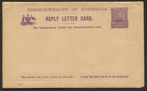 AUSTRALIA: Letter Cards: 1911-12 (BW:LC13/50+108A) 1d KGV Full-Face Design in purple Reply Lettercard, zig-zag Rouletted 15 on Buff Card, "'Giant Red Gum, Vic' and 'Queen's Garden Perth. WA' " illustrations, fine unused, Cat. $200.