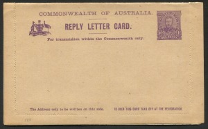 AUSTRALIA: Letter Cards: 1911-12 (BW:LC13/50+108A) 1d KGV Full-Face Design in purple Reply Lettercard, zig-zag Rouletted 15 on Buff Card, "'Giant Red Gum, Vic' and 'Queen's Garden Perth. WA' " illustrations, fine unused, Cat. $200.