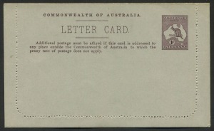 AUSTRALIA: Letter Cards: 1913-14 (BW:LC16/56B) 1d Kangaroo Design Die II in deep brown, P.10 on Grey to Greenish-Grey Surfaced Stock,  with Off-White to Cream Interior "Government House, Perth" illustration, fine unused, Cat. $175.