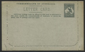 AUSTRALIA: Letter Cards: 1913-14 (BW:LC14/119C) 1d Kangaroo Design Original Die in grey-black, P.10 on Grey to Greenish-Grey Surfaced Stock with Off-White to Cream Interior "St George's Terrace, Perth" illustration, variety EXTRA PERFORATIONS AT BASE, fine unused, Cat. $175+.