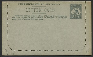 AUSTRALIA: Letter Cards: 1913-14 (BW:LC14/119C) 1d Kangaroo Design Original Die in grey-black, P.10 on Grey to Greenish-Grey Surfaced Stock  with Off-White to Cream Interior "St George's Terrace, Perth" illustration, variety EXTRA PERFORATIONS AT BASE, fi