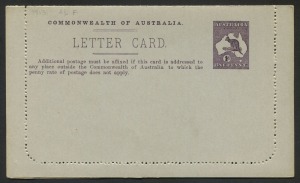 AUSTRALIA: Letter Cards: 1913-14 (BW:LC14/143D) 1d Kangaroo Design Original Die in purple-brown, P.10 on Grey to Greenish-Grey Surfaced Stock with Off-White to Cream Interior "Zoological Gardens, Perth" rectangular illustration, fine unused, Cat. $150.
