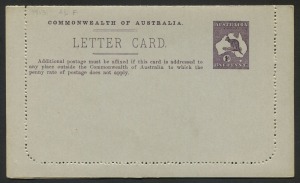 AUSTRALIA: Letter Cards: 1913-14 (BW:LC14/143D) 1d Kangaroo Design Original Die in purple-brown, P.10 on Grey to Greenish-Grey Surfaced Stock  with Off-White to Cream Interior "Zoological Gardens, Perth" rectangular illustration, fine unused, Cat. $150.