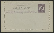 AUSTRALIA: Letter Cards: 1913-14 (BW:LC14/143D) 1d Kangaroo Design Original Die in purple-brown, P.10&nbsp;on&nbsp;Grey&nbsp;to Greenish-Grey Surfaced Stock&nbsp; with Off-White to Cream Interior&nbsp;"Zoological Gardens, Perth" rectangular&nbsp;illustration,&nbsp;fine unused, Cat. $150.