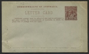 AUSTRALIA: Letter Cards: 1914-18 (BW:LC17/105) 1d KGV Sideface Design P10 Die 1 in brown on Grey Surfaced Card with Off-White/Cream Interior, "Post Office Sydney N.S.W." illustration, slight tone and bends. unused, Cat $175.