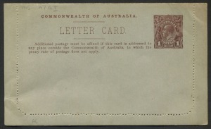 AUSTRALIA: Letter Cards: 1914-18 (BW:LC17/105) 1d KGV Sideface Design P10 Die 1 in brown on Grey Surfaced Card with Off-White/Cream Interior, "Post Office Sydney N.S.W." illustration, slight tone and bends. unused, Cat $175.