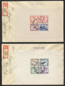 GERMANY: 1936 (SG.MS613a) Summer Olympic Games Miniature Sheets on separate covers with 'Berlin Olympia/Schwimmstadion" Nos '012' or '013' registration labels, M/Ss centrally canceled with 'BERLIN OLYMPIA SCHWIMMSTADION/15/8/36' commemorative datestamps.