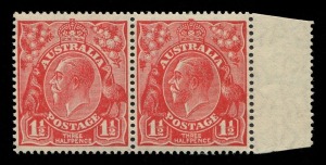 KGV Heads - Small Multiple Watermark Perf 14: 1½d Red Plate 4 Type B-A  marginal pair [4L53-54] The Type B stamp (long centre bar to 2nd 'E' of pence) showing "RE-ENTRY - duplication of shading above right wattles", fresh MUH; BW:91(4)hb - Cat. $2000 (for