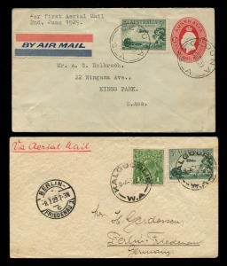 AUSTRALIA: Aerophilately & Flight Covers: The June 1929 inaugural flights by W.A. Airways Ltd.: (AAMC.137a) Ceduna - Adelaide, and Kalgoorlie - Perth flown intermediates; the latter cover addressed to Germany with BERLIN arrival cds of 8 July. (2 covers).