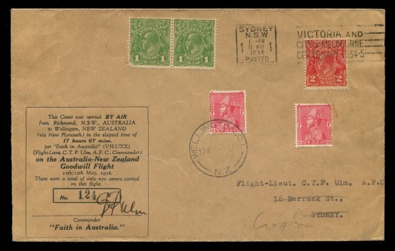 AUSTRALIA: Aerophilately & Flight Covers: 11 May 1934 (AAMC.379) Australia - New Zealand "Faith in Australia" Goodwill Flight cover, signed by the pilot, Charles Ulm, being $124 of 250 flown. Sydney departure and Wellington arrival postmarks.