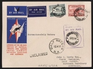 AUSTRALIA: Aerophilately & Flight Covers: Dec.1934 (AAMC.470c) Special cover prepared for the opening of the Australia - England service by QANTAS and IA, carried internally from NORMANTON (6/12) via LONGREACH (8/12) to DALY WATERS (12/12); with all appropriate cds's. A scarce despatch.