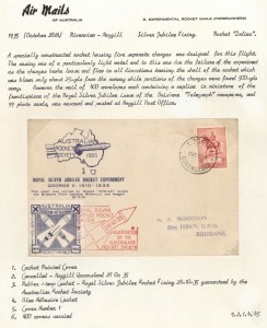 AUSTRALIA: Rocket Mails: ROYAL SILVER JUBILEE ROCKET MAIL COVER No.1: 28 Oct.1935 (AAMC.R4a) Riverview - Moggill, flown cover with special vignette in blue tied by red cachet; carried on the failed "Zodiac" flight. Handstamped cover "1".