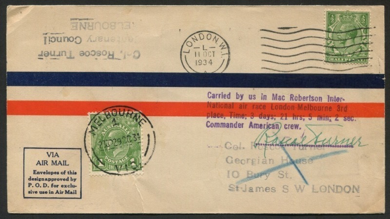 AUSTRALIA: Aerophilately & Flight Covers: October 1934 (AAMC.434) MacRobertson Air Race cover, flown and signed by Roscoe Turner, who came 3rd in the race from London to Melbourne.