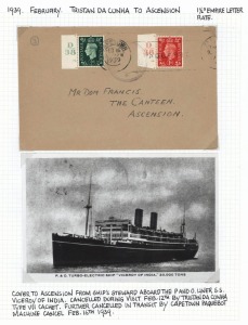 Tristan da Cunha: 1937-49 range of covers including Feb.1937 H.M.S.Carlisle covers to Pretoria, Capetown and England, all with Type V cachets; Dec.1937 S.S.Anatolia covers (with Coronation Day cachets) to Simonstown and Capetown; both with Type VI cachets; Mar.1939 S.S.Carinthia cover posted on board with Type VII cachet to England; etc. (10 items).