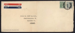 KGV Heads - Single Watermark: 1/4 Greenish-Blue (Single wmk) + 1d Green (Small Multi wmk) commercially used Jan.1931 on long cover (11 x 26.5cm) from Melbourne, with "Trans-Australian BY AIR MAIL" label to GERMANY. BW: $1000+.The imprint of the engineering consultancy firm, Longoni, Seggel & Co., appears on the rear flap. Albert Longoni, a Swiss immigrant, counted Albert Einstein among his early lecturers in physics.