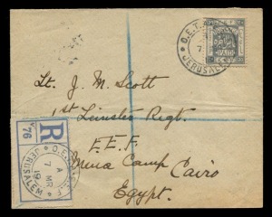PALESTINE: Postal History: BRITISH MILITARY OCCUPATION: 1918 (SG.15) 20p pale-grey high value, FU on registered cover from Jerusalem, the adhesive tied by "O.E.T.A. E.E.F." cds (7 MR 19) to Lieutenant Scott, 1st Leicester Reg't, E.E.F. Mena Camp, Cairo; with arrival backstamp 'S.Z.10'. Ex: Doron Azouli Collection.