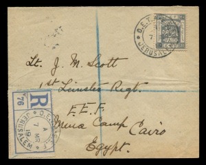 PALESTINE: Postal History: BRITISH MILITARY OCCUPATION: 1918 (SG.15) 20p pale-grey high value, FU on registered cover from Jerusalem, the adhesive tied by "O.E.T.A. E.E.F." cds (7 MR 19) to Lieutenant Scott, 1st Leicester Reg't, E.E.F. Mena Camp, Cairo; w