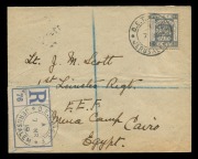 PALESTINE: Postal History: BRITISH MILITARY OCCUPATION: 1918 (SG.15) 20p pale-grey&nbsp;high value, FU on registered cover from Jerusalem, the adhesive tied by "O.E.T.A. E.E.F."&nbsp;cds (7 MR 19) to Lieutenant Scott, 1st Leicester Reg't, E.E.F. Mena Camp, Cairo; w