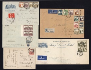 Transjordan: BRITISH MANDATE PERIOD: Various covers and cards including 1936 reg'd from Jerusalem to BULAWAYO with numerous b/stamps incl. "HAIFA-RAFA T.P.O."; Mar.1938 EXPRESS rate cover from Jerusalem to ALEXANDRIA; July 1942 reg'd cover from HAIFA - HADAR HACARMEL to Tel Aviv; and 2 others. (5 items).