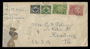 NEW GUINEA - Aerophilately & Flight Covers: April 1927 (AAMC.P1b) Rabaul - New York partially flown hand-illustrated cover; bearing 1d and 2d Huts tied by RABAUL cds's alongside U.S. 8c green and 16c indigo Airmails (for internal trans-continental airmail) tied by SAN FRANCISCO datestamp (June 9) and with Reading, PA., arrival backstamp.