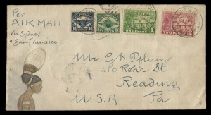 NEW GUINEA - Aerophilately & Flight Covers: April 1927 (AAMC.P1b) Rabaul - New York partially flown hand-illustrated cover; bearing 1d and 2d Huts tied by RABAUL cds's alongside U.S. 8c green and 16c indigo Airmails (for internal trans-continental airmail