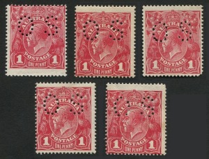 KGV Heads - Large Multiple Watermark: 1d Carmine Perf 'OS' mint group, with some shade variance, typical mixed centring, one with rounded corner, another gum crease; one example is MUH (toned gum); BW: 74b - Cat $2000+. (5)