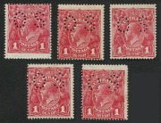 KGV Heads - Large Multiple Watermark: 1d Carmine Perf 'OS' mint group, with some shade variance, typical mixed&nbsp;centring, one with rounded corner, another gum crease;&nbsp;one example is MUH (toned gum); BW: 74b&nbsp;- Cat $2000+. (5)