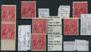 KGV Heads - Large Multiple Watermark: 1d Carmine&nbsp;mint variety group incl. vertical pair with lower unit "Notched N.E.corner" [V/59]; also four singles showing varieties&nbsp;"Damaged lower right frame" [V/30, MNG],"Thinned left frame" [VI/22] "Break in top fra
