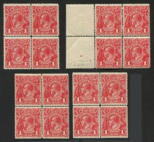 KGV Heads - Single Watermark: 1d Carmine-Red Single-line Perf blocks of 4 (4) mint, one block with Compartment Line marks in corners and almost complete Compartment Line on the right side of lower left unit; another being an marginal block (perf separations lower units), with colour pip in left margin; BW:70 group - Cat. $400+. (4 blocks)