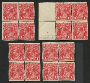 KGV Heads - Single Watermark: 1d Carmine-Red Single-line Perf blocks of 4 (4) mint, one block with Compartment Line marks in corners and almost complete Compartment Line on the right side of lower left unit; another being an marginal block (perf separatio