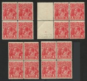 KGV Heads - Single Watermark: 1d Carmine-Red Single-line Perf blocks of 4 (4) mint, one block with Compartment Line marks in corners and almost complete Compartment Line on the right side of lower left unit; another being an marginal block (perf&nbsp;separatio