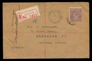 AUSTRALIA: Aerophilately & Flight Covers: Oct.1927 - Mar.1928 (AAMC.112) Darwin - Charleville registered cover, flown by Captain W.A. Lancaster & Mrs Keith Miller on the final leg of their flight from England in their Avro Avian 111. The cover is signed at left by Lancaster and was then forwarded by regular mail to the addressee in Melbourne, arriving 4 days later. Rare. Cat.$1000+. Mrs Miller was the first woman to travel by air from England to Australia.
