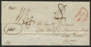 TASMANIA - Postal History: 1839 (Jan.10) outer from New Norfolk to the Wesleyan Missionary Society London, with PAID inwards country h/stamp (Type 1) & on reverse framed red "INDIA LETTER/FALMOUTH" h/s & London receival cds. Rated "8" for VDL inland postage + seapost to Falmouth + 1/4 for India letter + postage to London.