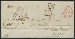TASMANIA - Postal History: 1839 (Jan.10) outer from New Norfolk to the Wesleyan Missionary Society London, with PAID inwards country h/stamp (Type 1) & on reverse framed red "INDIA LETTER/FALMOUTH" h/s & London receival cds. Rated "8" for VDL inland posta