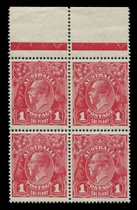 KGV Heads - Large Multiple Watermark: Harrison 1d Carmine-Rose Plate 3 positional block of 4 [VII/1-2, 7-8] with varieties "Cut in left frame" & "Notch in left frame"; a fresh MUH marginal block; BW: 74(3)d&e - extrapolated Cat. $800+.