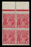 KGV Heads - Large Multiple Watermark: Harrison 1d Carmine-Rose Plate 3 positional block of 4 [VII/1-2, 7-8] with varieties "Cut in left frame" & "Notch in left frame"; a fresh MUH marginal block; BW: 74(3)d&e - extrapolated&nbsp;Cat. $800+.