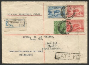AUSTRALIA: Other Pre-Decimals: 1932 (April 13) usage of 3d Bridge + both 2d Bridges + 1d green KGV on registered cover from the Consulate of Peru, Melbourne, to Lima endorsed "Via San Francisco"; with boxed "LATE FEE" on front and numerous b/stamps including "LIMA 1 JUN 32".