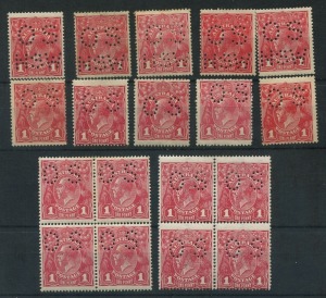 KGV Heads - Single Watermark: OFFICIALS: 1d Red punctured group, mostly Smooth Paper with Perf 'OS/NSW' (5, one toned gum, two without gum); Perf 'OS' blocks of 4 (2, one Rough Paper) and singles (5, one LMult Wmk, Cat $375); variable centring, ranged of shades noted. (18 stamps)