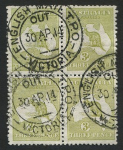 Kangaroos - First Watermark: 3d Olive (Die 1) blk.(4) with attractive "ENGLISH MAIL T.P.O. - VICTORIA/OUT" cds's of 30AP14.