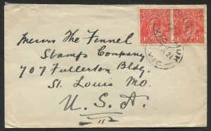KGV Heads - Single Watermark: 1½d Scarlet, horizontal pair, the right unit with variety BW.89(13)h "White spot below L of AUSTRALIA", the pair attractively used on a July 1924 cover from NATIMUK, VIC. to U.S.A.