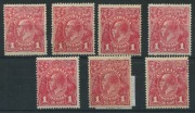 KGV Heads - Large Multiple Watermark: 1d Carmine&nbsp;mint variety group incl. "Cut in left frame" [V/1], "Damaged lower right frame [V/30, no gum], "Left frame thinned at bottom corner" [VI/30]&nbsp;"Deformed shading in oval" [VI/59]; also unlisted "Scratch under 