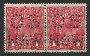 KGV Heads - Large Multiple Watermark: Harrison 1d Carmine Red Perf 'OS/NSW' pair, fine used; BW:74D - Cat. $350+.