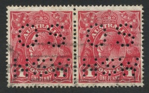 KGV Heads - Large Multiple Watermark: Harrison 1d Carmine Red Perf 'OS/NSW' pair, fine used; BW:74D - Cat. $350+.