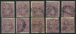 KGV Heads - Single Watermark: 4½d Violet Perf 'OS' (8, one aged) plus Perf 'OS/NSW' (2) variable centring, cds cancels; BW:118 group - Cat. $1000. (10)