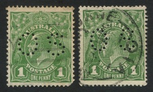 KGV Heads - Collections & Accumulations: No Watermark 1d Green perf 'OS' cds used, BW:79ba; CofA 1d Green perf 'OS' (blunt corner) being an example of the transitional State 'OS' perfin, used for a short period in 1935. (2)